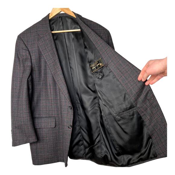 Huckberry Vintage 48R Corporate Image Luxury 100% Wool Blazer Plaid Jacket Gray - Picture 3 of 8